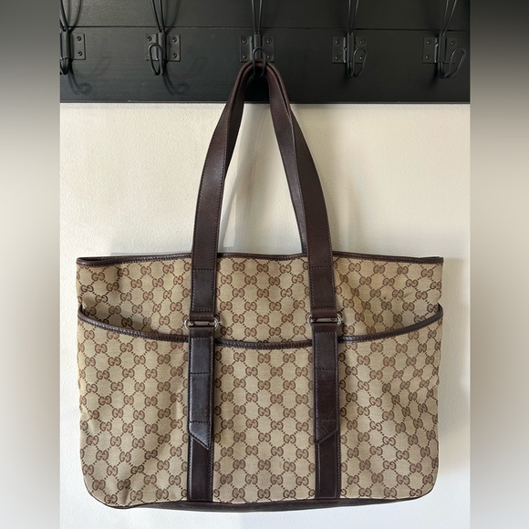 Gucci Handbags - Authentic Brown Canvas and Leather GG Large GUCCI Tote with mesh leather bottom